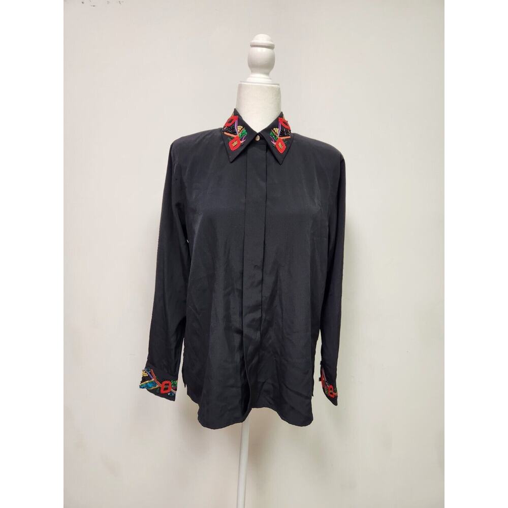 VTG 80s Yves Saint Clair Black Button Down Embroidered Collar Sequins 10 NWT